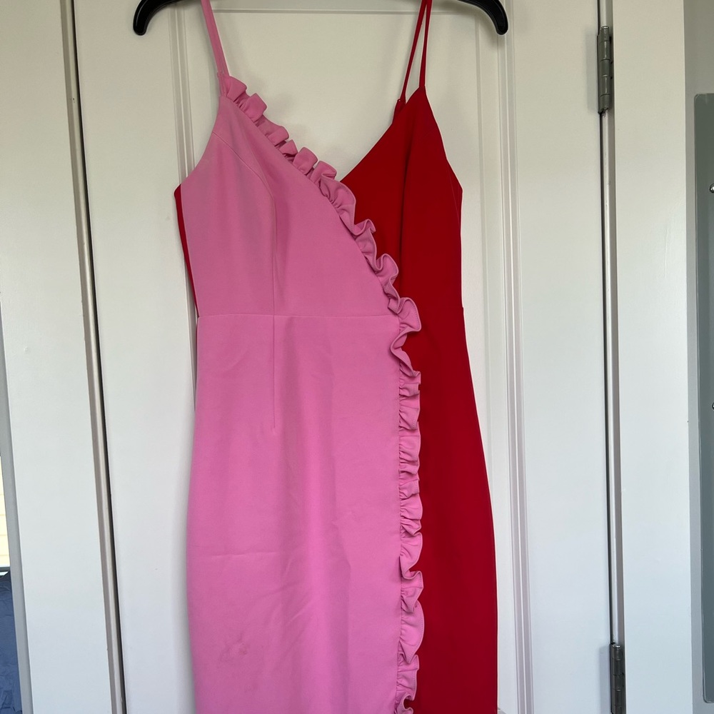 Worn Once! Pink and Red Midi Dress by Bardot